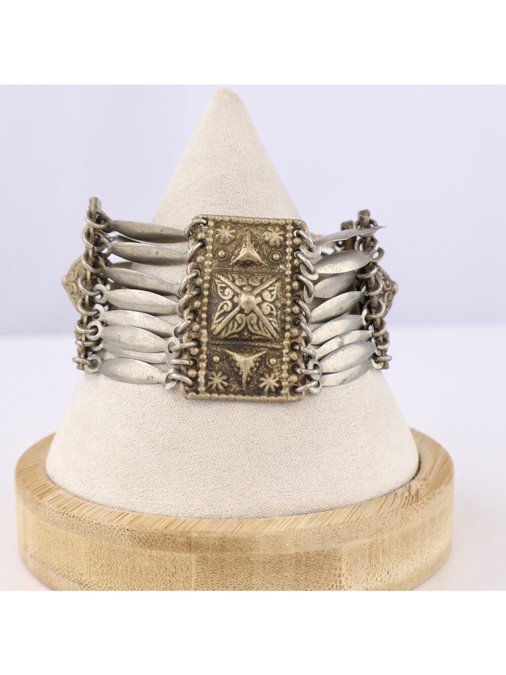 Vintage Sterling Silver Mexico Panel Bracelet Wide Tribal Ethnic Link Cuff 8”
